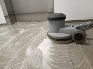 Tile grout cleaning with floor scrubber