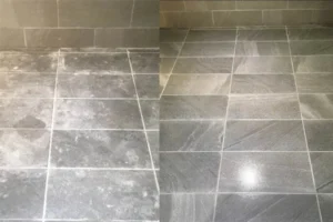 a before and after photo of a restored limestone floor