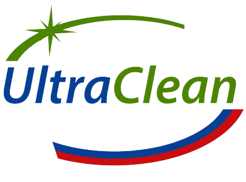 UltraClean logo with blue 'Ultra' and green 'Clean' text, a green starburst arc above, and a blue-red curved swoosh below.