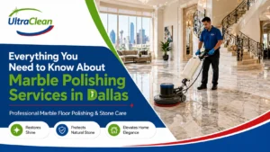 Promotional banner for UltraClean Marble Polishing Services in Dallas showing a technician polishing a marble floor in a luxurious lobby.