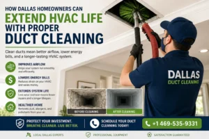 HVAC technician cleaning a ceiling vent; Dallas Duct Cleaning branding visible on his shirt and banner text nearby.