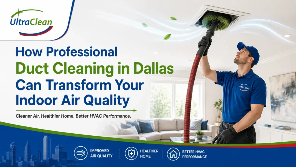 HVAC technician in a blue uniform cleans a ceiling vent with a hose in a bright living room, promoting professional duct cleaning in Dallas.