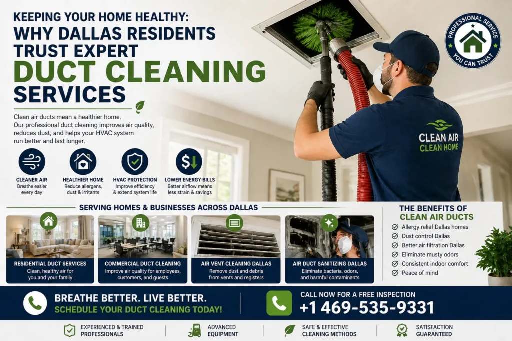 Professional duct cleaning Dallas technician cleaning home air ducts for better indoor air quality