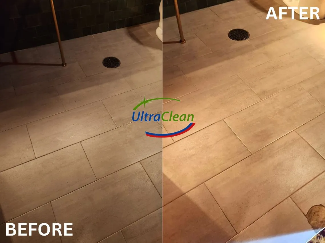 Split image showing tile floor: left side dirty/dull before cleaning, right side bright after UltraClean treatment.
