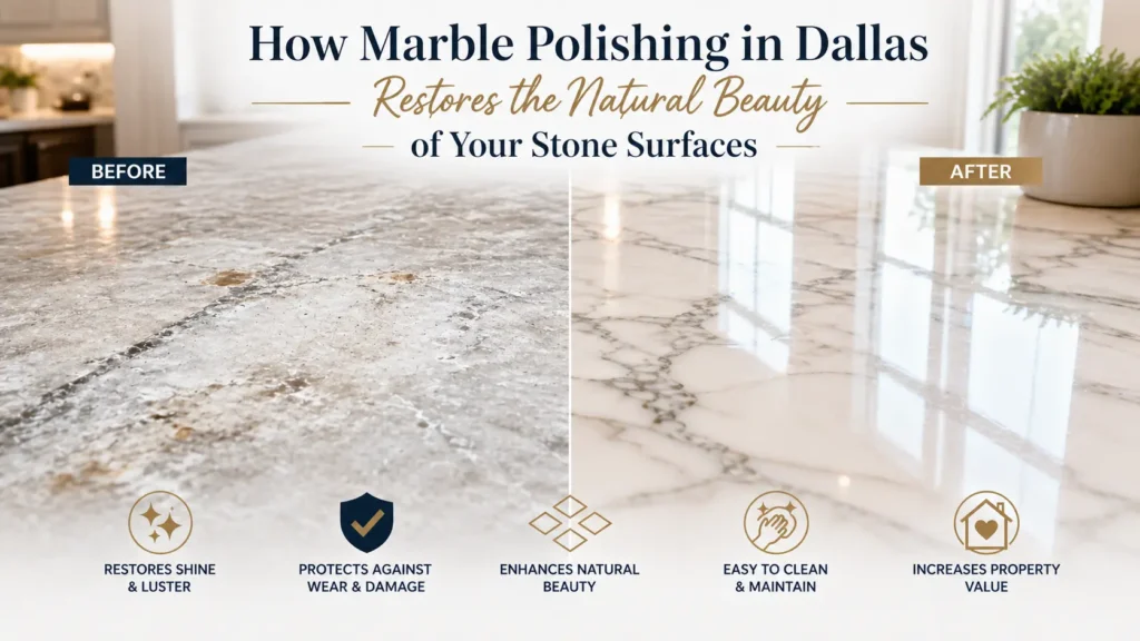 Split image showing a marble countertop: left side dull with scratches labeled 'Before', right side polished and glossy labeled 'After' with icons below describing benefits.