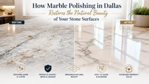Split image showing a marble countertop: left side dull with scratches labeled 'Before', right side polished and glossy labeled 'After' with icons below describing benefits.