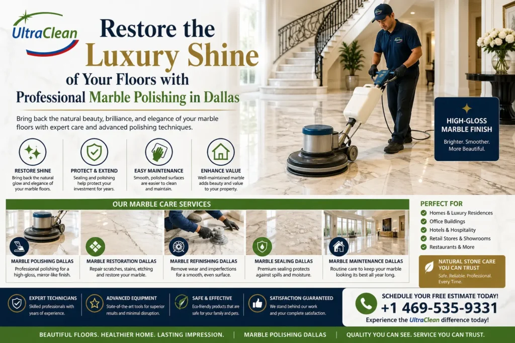 UltraClean banner with logo, bold headline about restoring luxury shine, and a technician polishing a marble floor in a grand foyer.