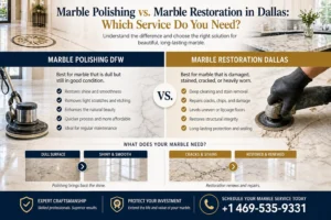 Infographic comparing Marble Polishing vs Marble Restoration in Dallas, listing pros and services on each side with a polishing machine on the left and a hand sander on the right.