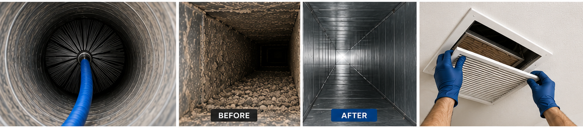 air-duct-service-areas-before-and-after | Ultra Clean | Ultra Clean Air duct cleaning with rotary brush and HEPA vacuum, before and after
