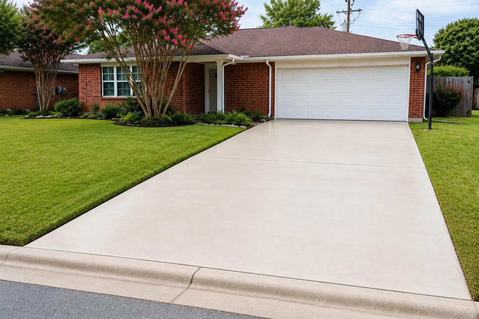 Brick single-story home with white sectional garage door, a long concrete driveway, and well-kept lawn. A flowering tree and shrubs frame the entrance."