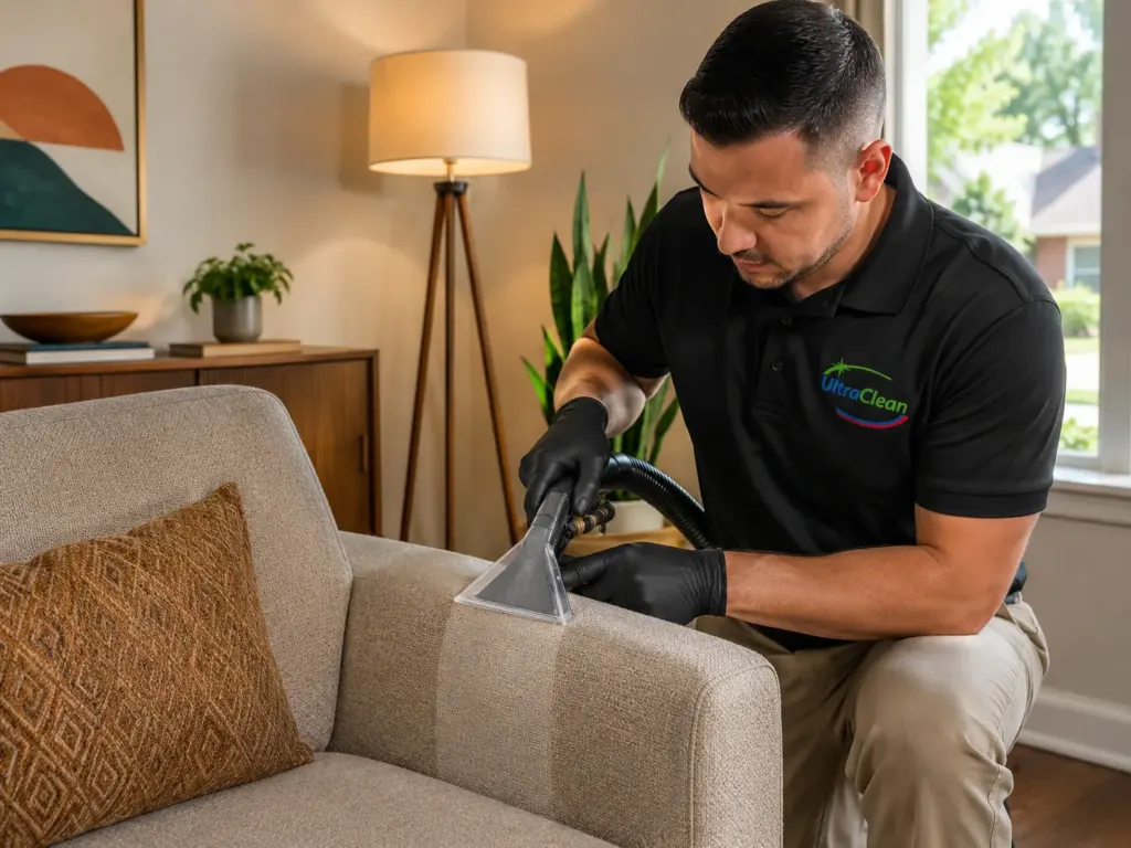 Professional cleaner in a black UltraClean polo uses a suction tool on a beige sofa in a living room.