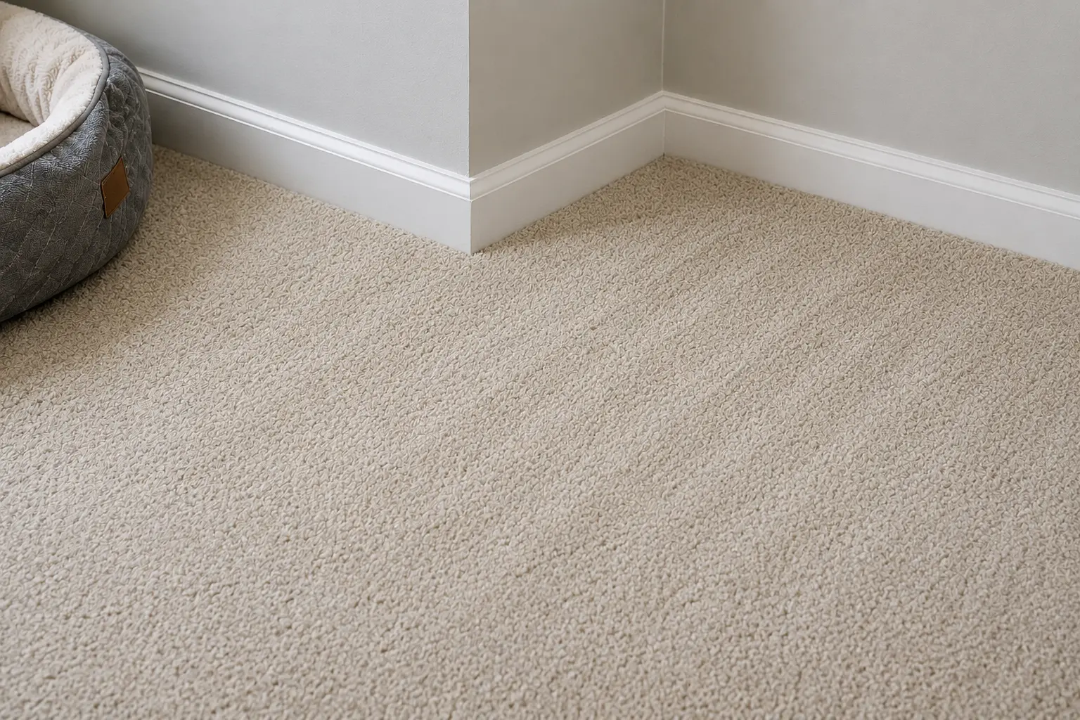Corner of a beige carpeted room with white baseboard; a gray quilted pet bed sits in the left foreground.