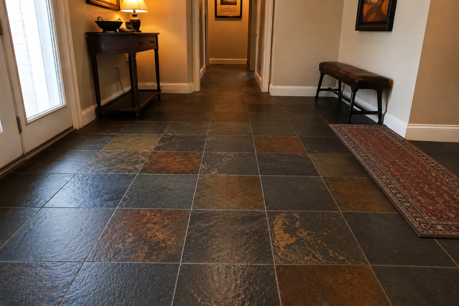 Residential foyer with dark slate tile flooring, a wooden console table and lamp on the left, and a leather bench with a red-patterned runner rug on the right.