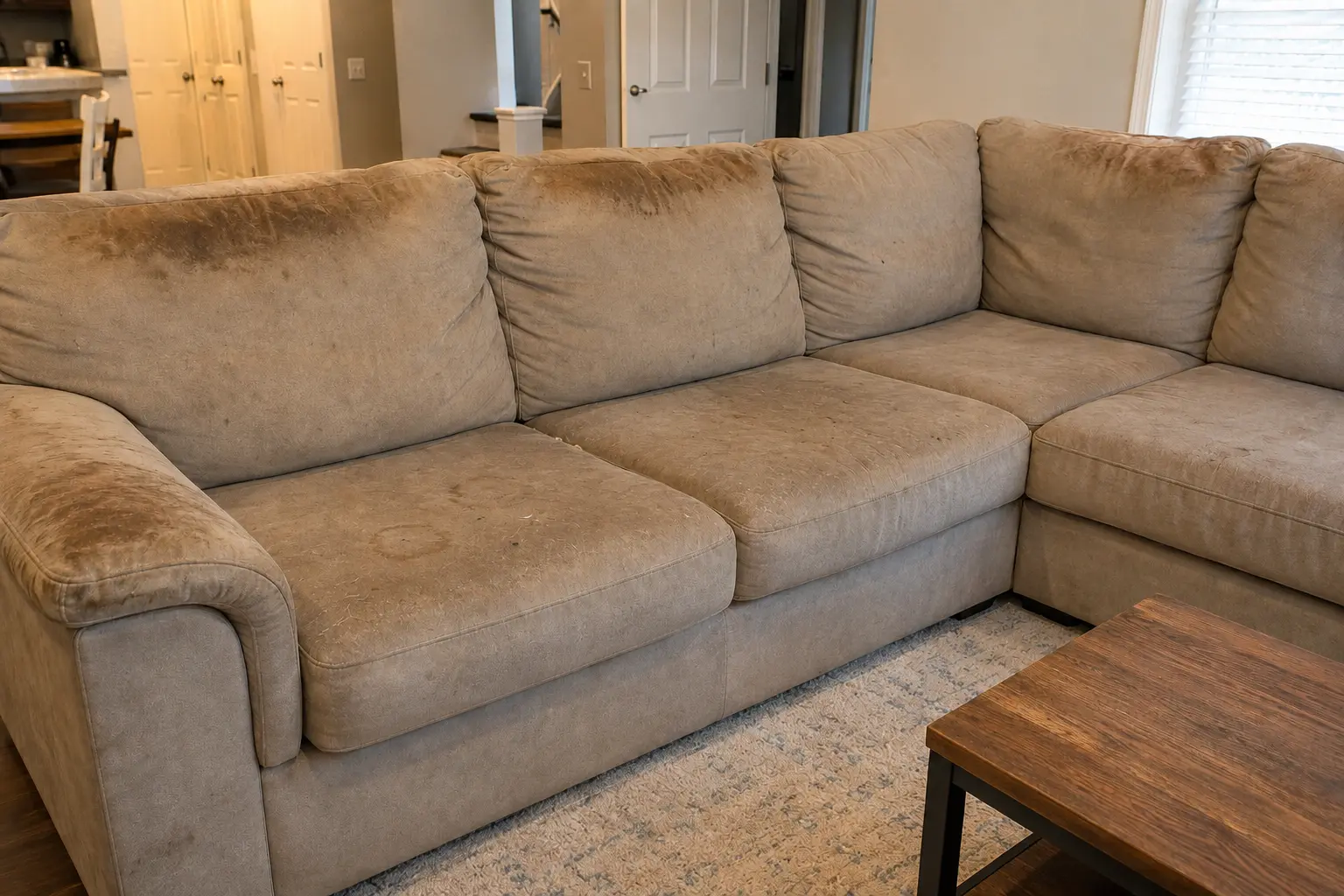 Beige fabric sectional sofa in a living room with a wooden coffee table and light patterned rug in front.