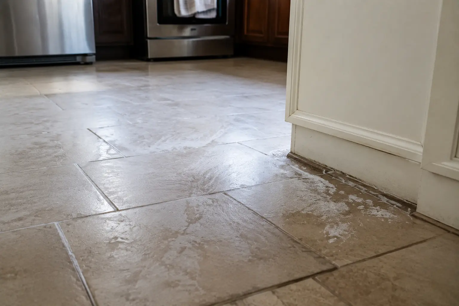 Wet beige tile kitchen floor pooling near the base of a white cabinet, with stainless steel appliances in the background, suggesting a spill or leak.