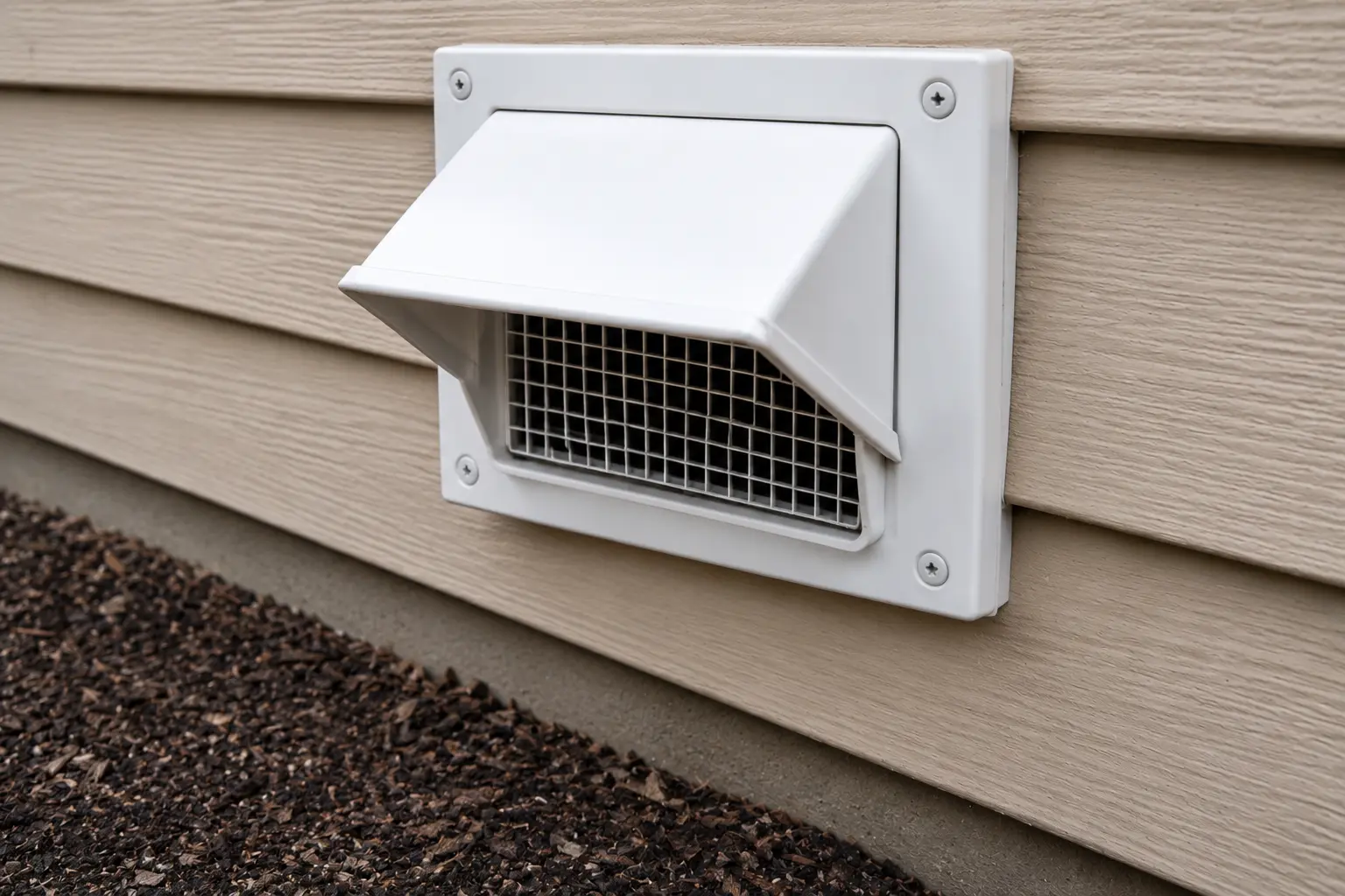 White exterior vent with a protective angled hood mounted on beige siding