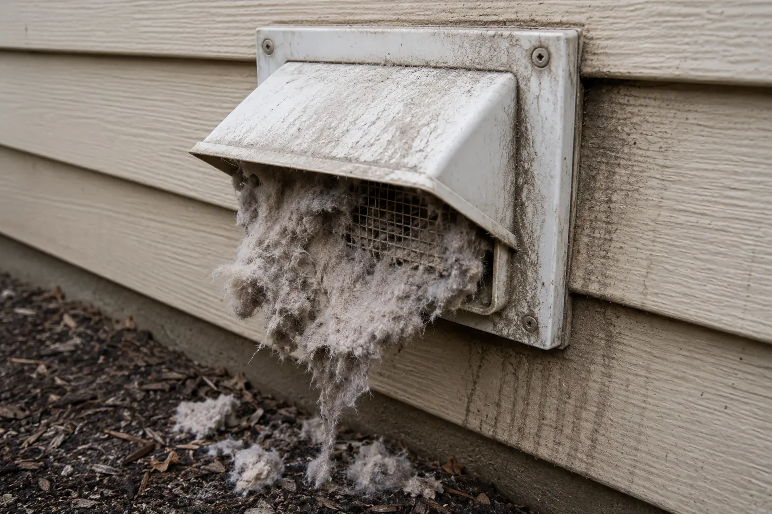 Exterior wall vent with a large amount of lint spilling from the opening onto the ground