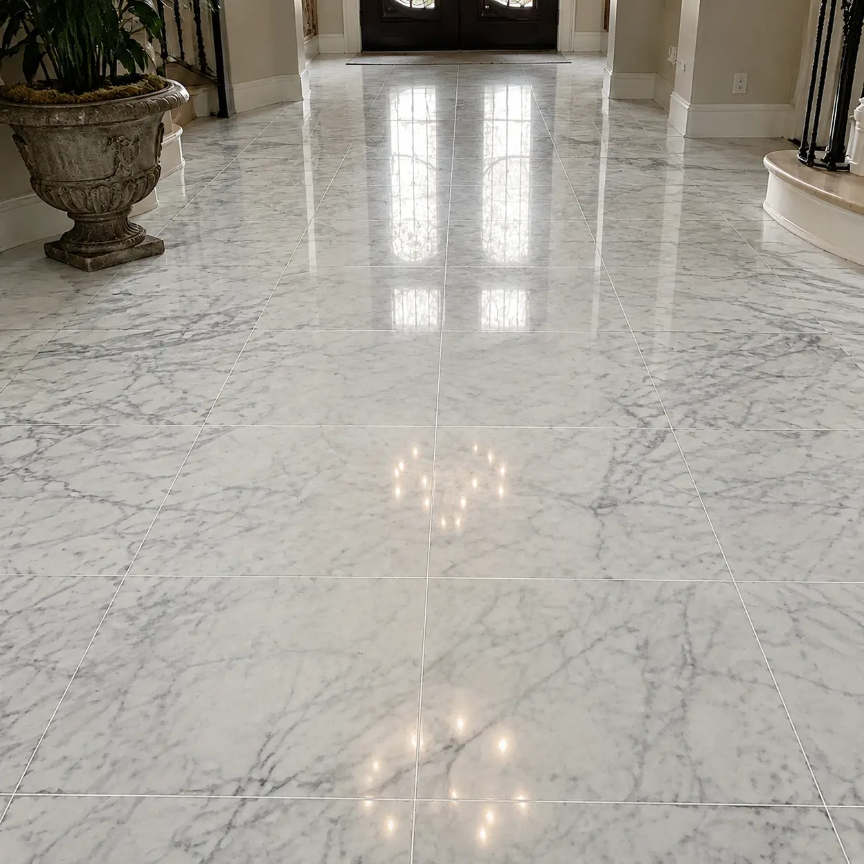 Polished marble foyer floor with large square tiles and gray veining, reflecting a chandelier and double doors at the far end.