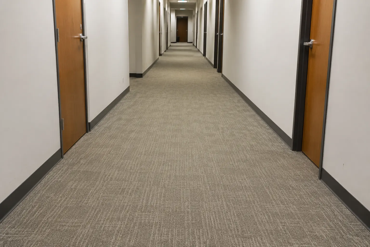 Long office hallway with closed wooden doors on both sides and a carpeted floor.
