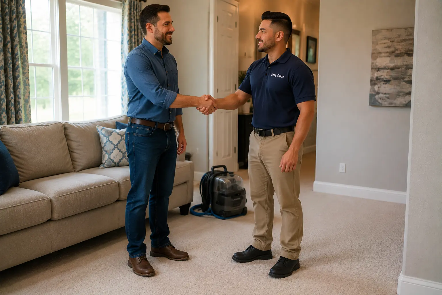 Two men shake hands in a living room; one in a blue shirt and jeans, the other in a navy polo with 'Ultra Clean', with a vacuum on the floor behind them.