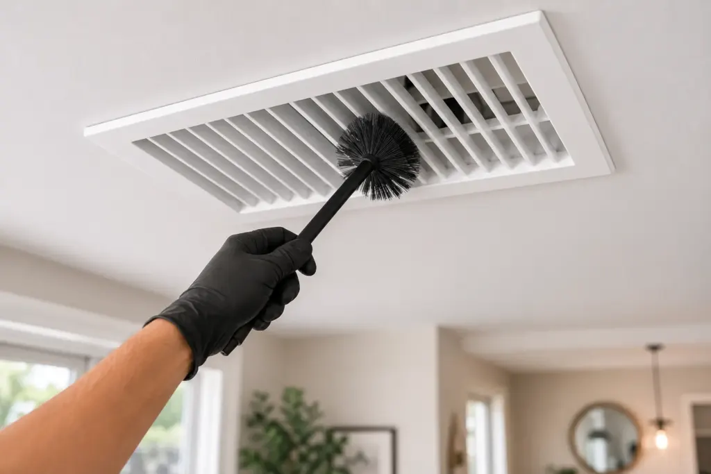 Person wearing a black glove cleaning a ceiling vent with a round bristle brush on a white vent panel in a room.