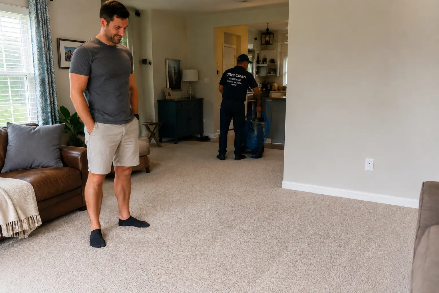 Man in a gray t‑shirt and khaki shorts stands in a living room, watching as a carpet cleaning technician works in the background with equipment.
