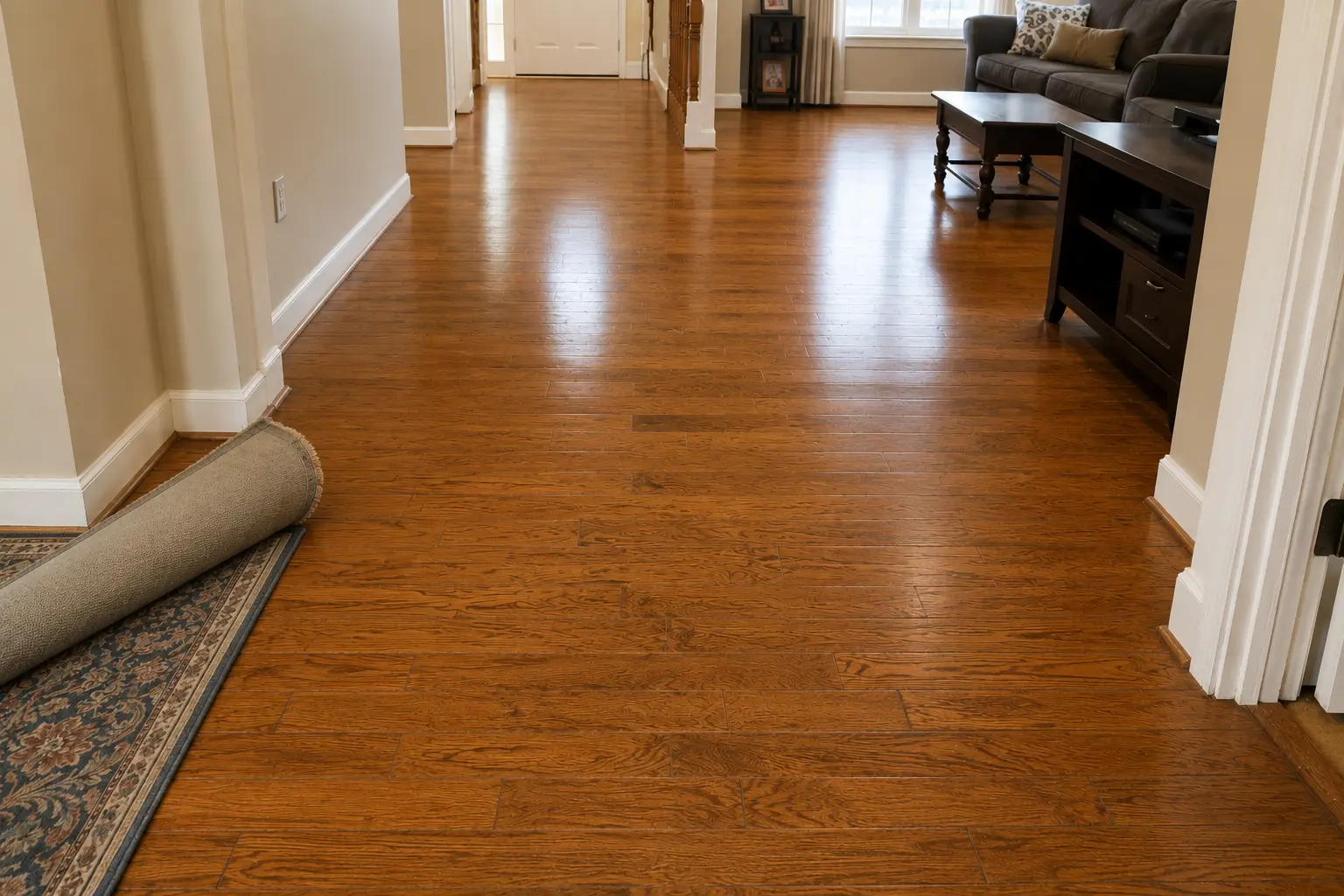 Long hallway with polished hardwood floors, a rolled rug on the left, and a living room with a sofa and coffee table on the right.