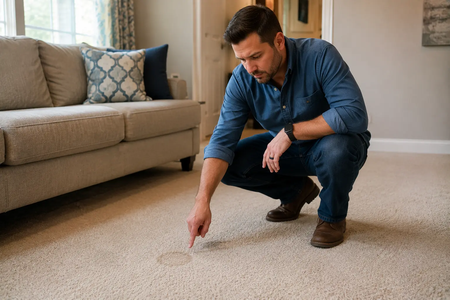 Man crouching on a beige carpet, pointing to a stain in a living room.