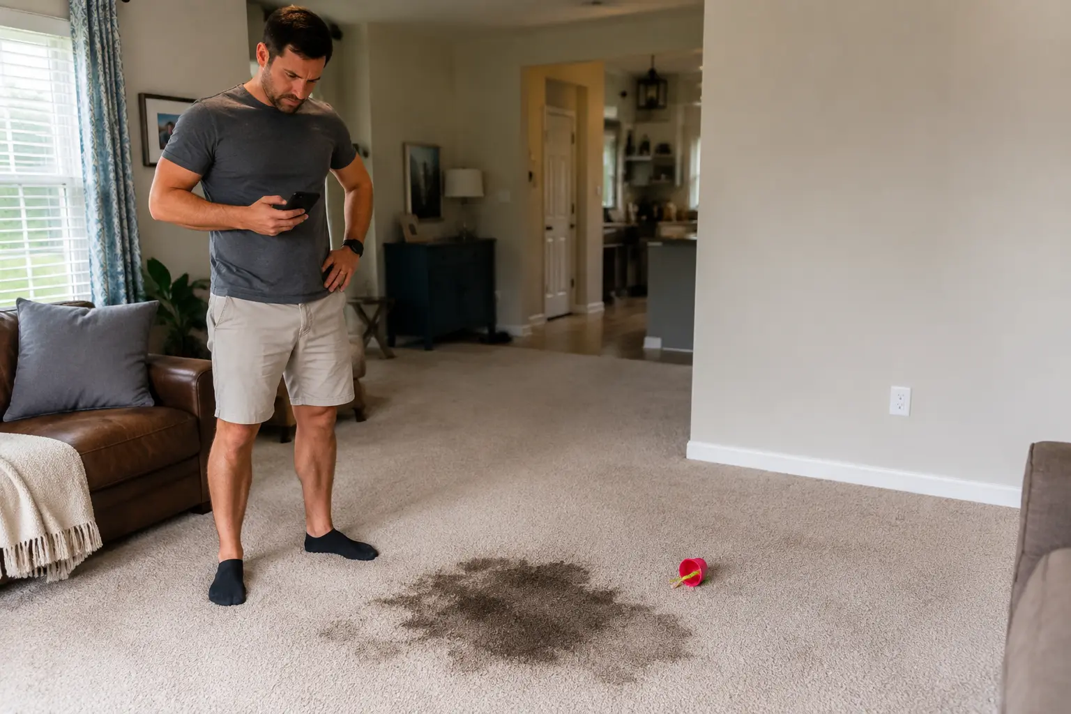 Man in a gray shirt and beige shorts stands in a living room, looking at his phone, beside a dark liquid spill on the carpet and a pink toy cup.