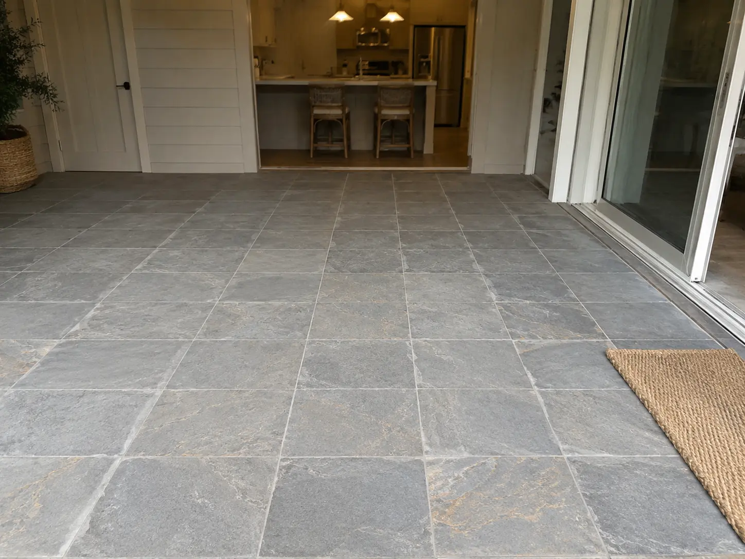 Backyard patio with large gray tile extends into a bright kitchen with an island and bar stools visible inside