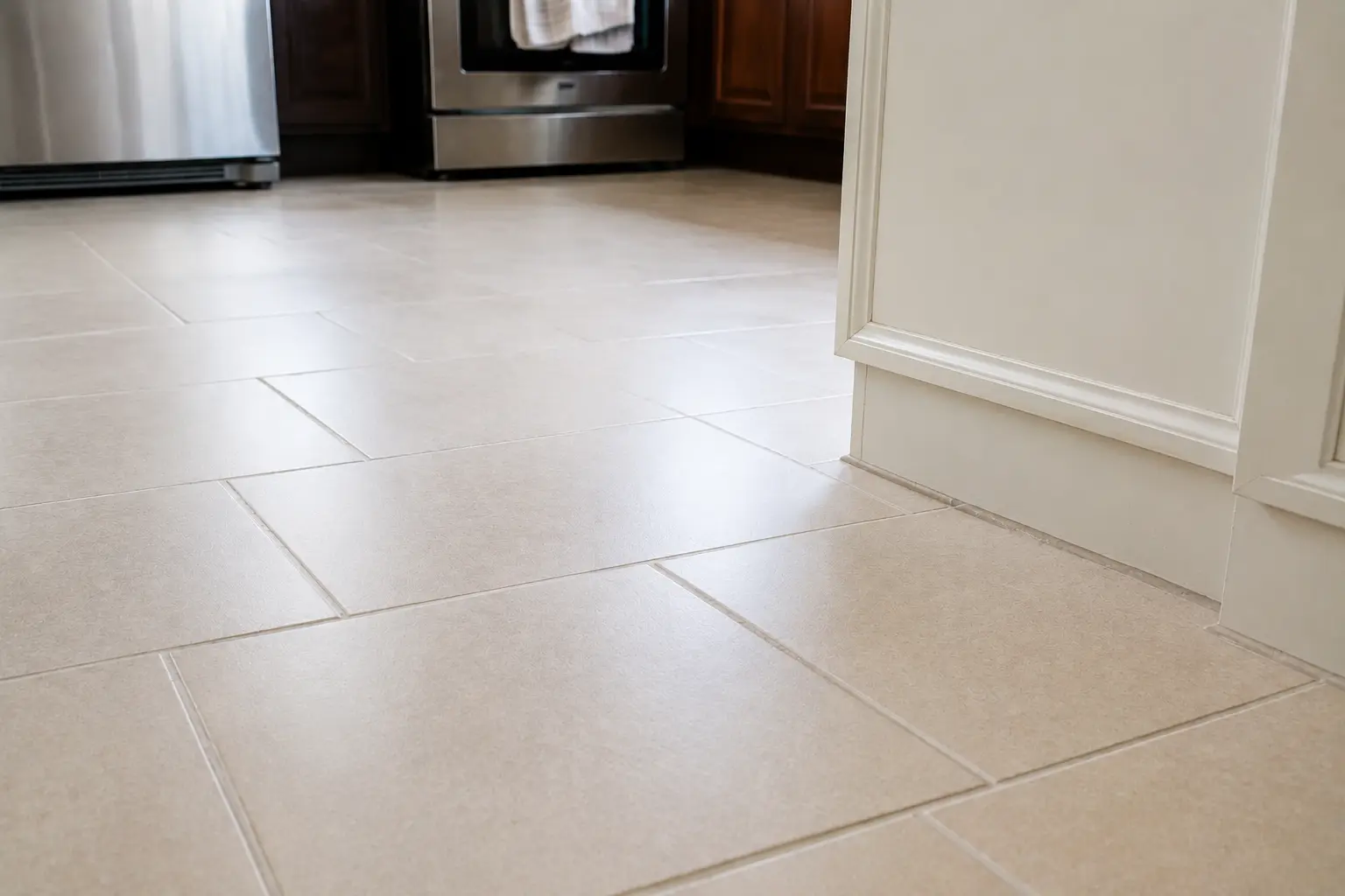 Beige tiled kitchen floor with white cabinetry on the right and stainless steel appliances in the background.