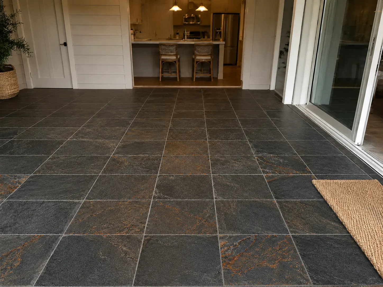 Backyard patio with dark slate tile leading into an open kitchen and two bar stools at the island