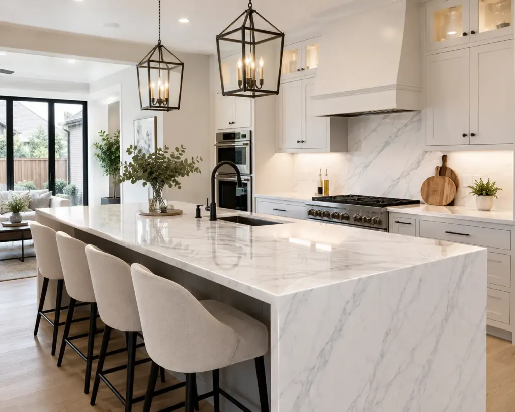 Modern white kitchen with a large marble island and three beige upholstered stools at breakfast bar