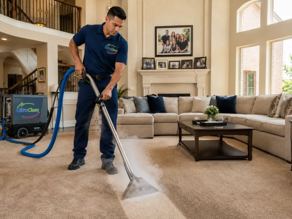 Professional carpet cleaning in living room | Ultra Clean Professional carpet cleaner in a blue uniform uses a steam-cleaning machine on a beige living room carpet; hose extends to a van unit labeled UltraClean (in-room scene).