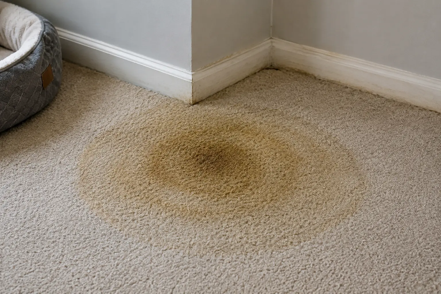 Large circular brown stain on a beige carpet near the baseboard by a corner, with a gray pet bed to the left.