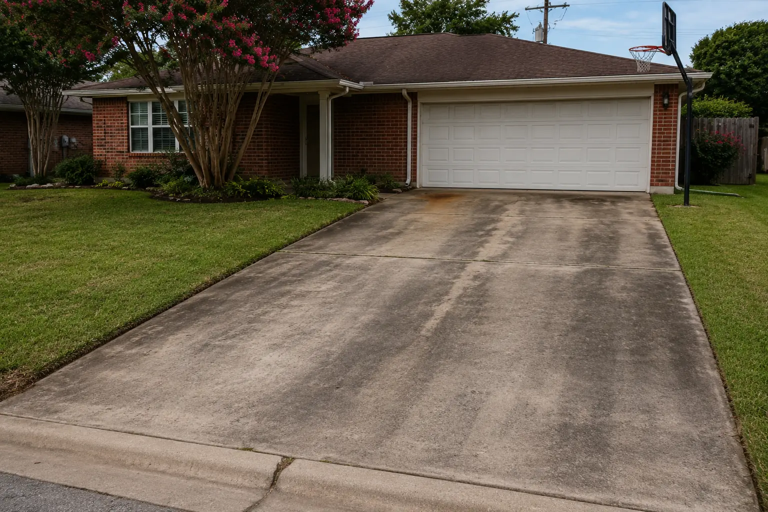 Brick, single-story home with a two-car white-paneled garage; long concrete driveway, green front lawn, and a basketball hoop on the right side of the driveway.