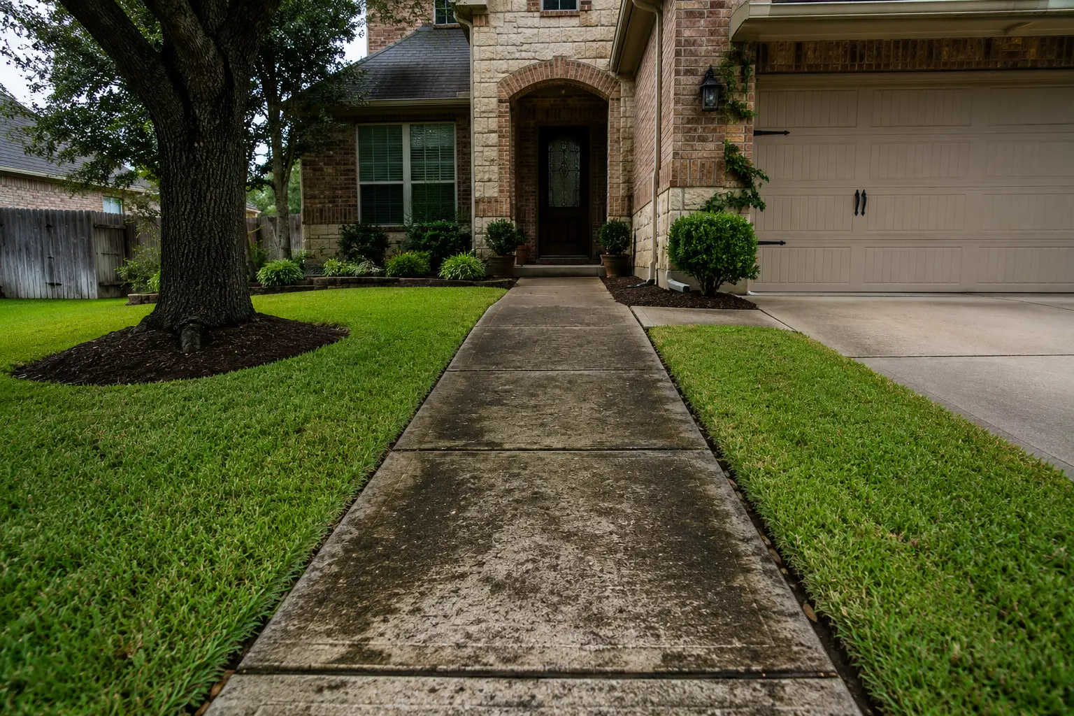 Concrete walkway leads to a brick-and-stone front door surrounded by trimmed shrubs, with a large tree on the left and a beige garage on the right.
