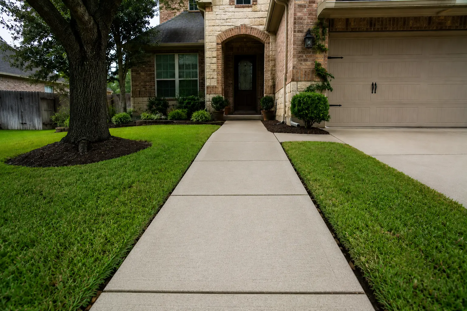 Concrete walkway leads to the front door of a brick-and-stone house, with manicured lawns on both sides and a beige two-car garage on the right.