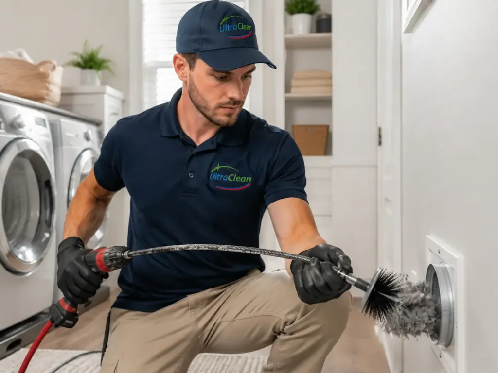 UltraClean technician in a navy polo and cap using a power drill with a rotating brush to clean a dryer vent opening in a laundry room.