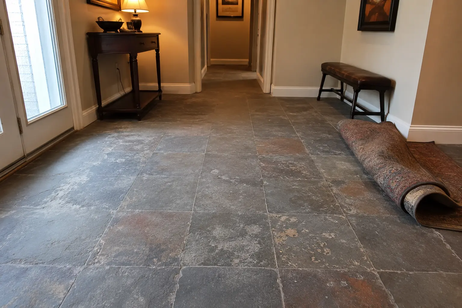 Hallway with large gray slate tile floor, rolled-up brown rug on the right, and a wooden console table with lamp at the far end.