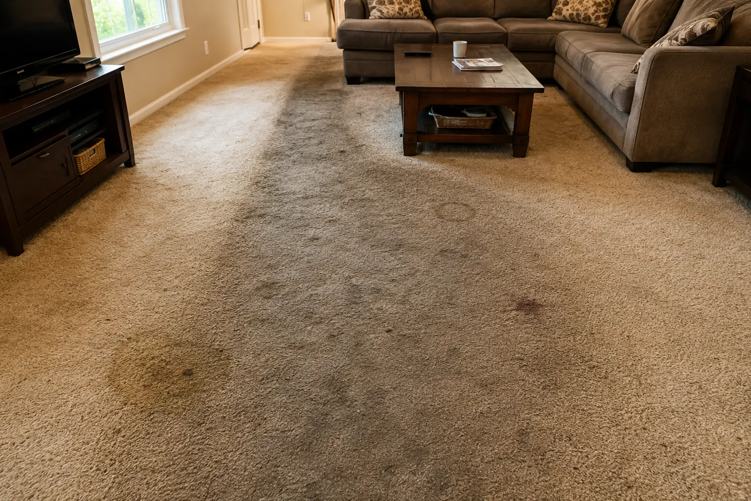 Living room with a sectional sofa and coffee table; beige carpet has multiple dark stains and worn patches.