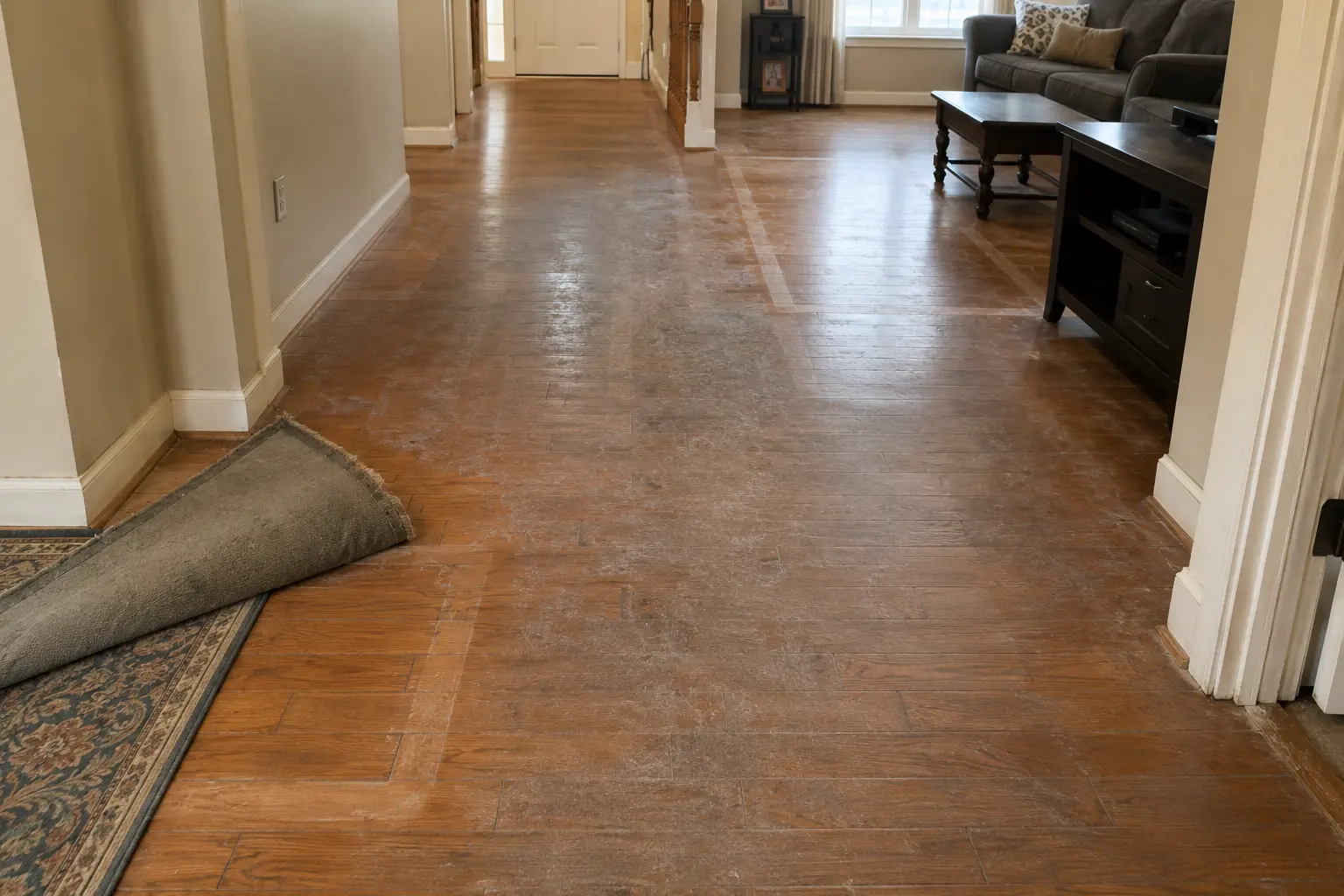 Long hallway in a home with a rolled-up rug along the left wall and dusty, exposed wooden floor; living room furniture visible at the far end.