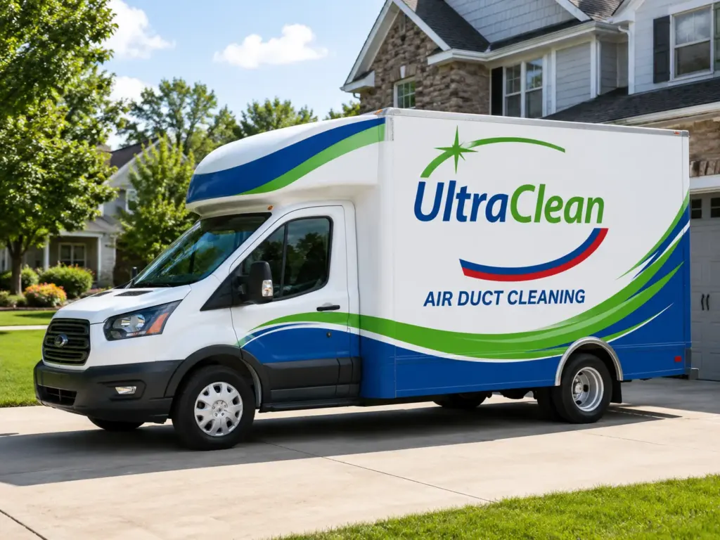 White box truck with UltraClean Air Duct Cleaning branding parked in a suburban driveway in front of a house.