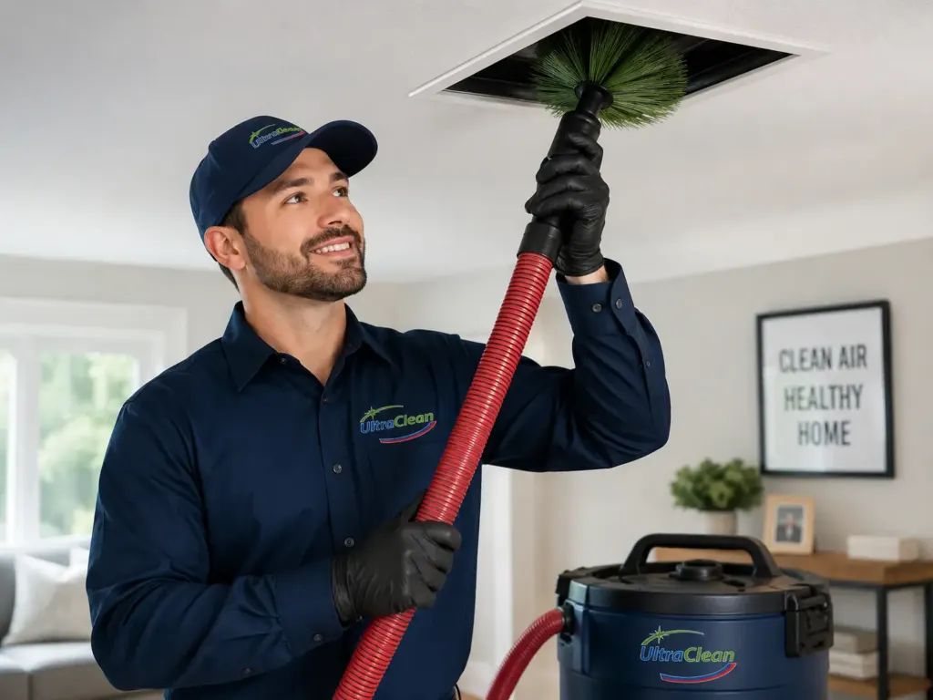 Male technician in navy UltraClean uniform vacuuming a ceiling vent with a red hose in a home.