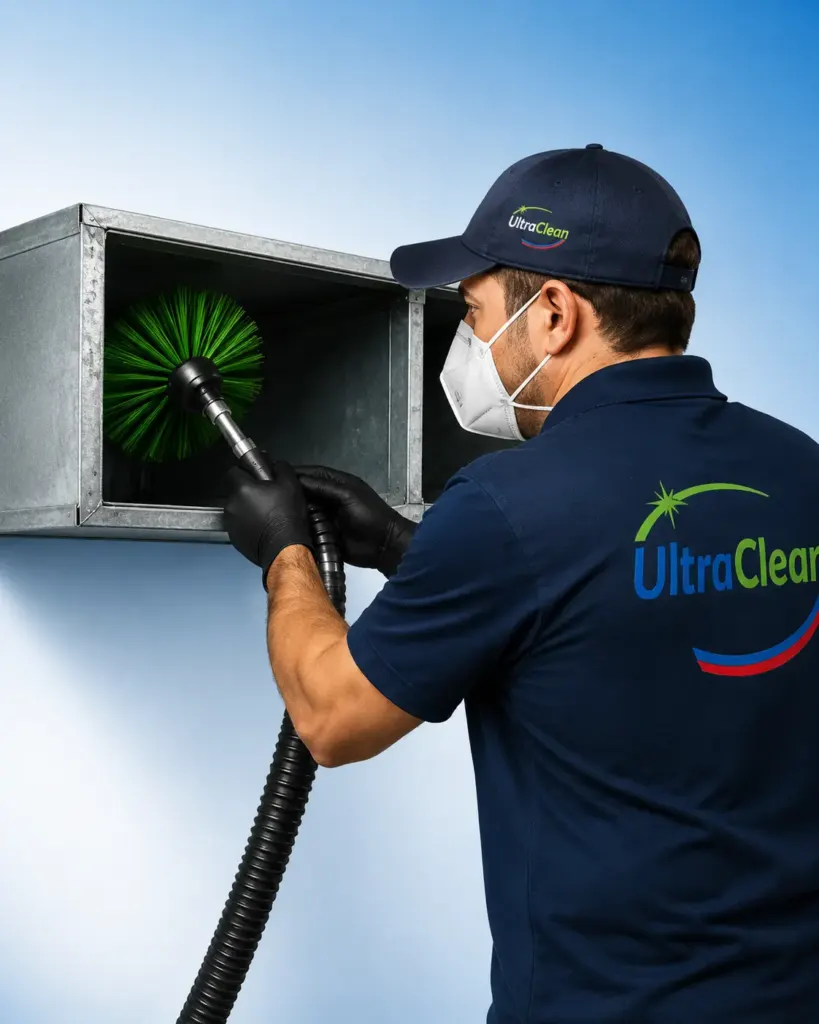 HVAC technician in a navy UltraClean shirt and cap cleaning a metal air vent with a large green rotating brush, wearing a mask and gloves.