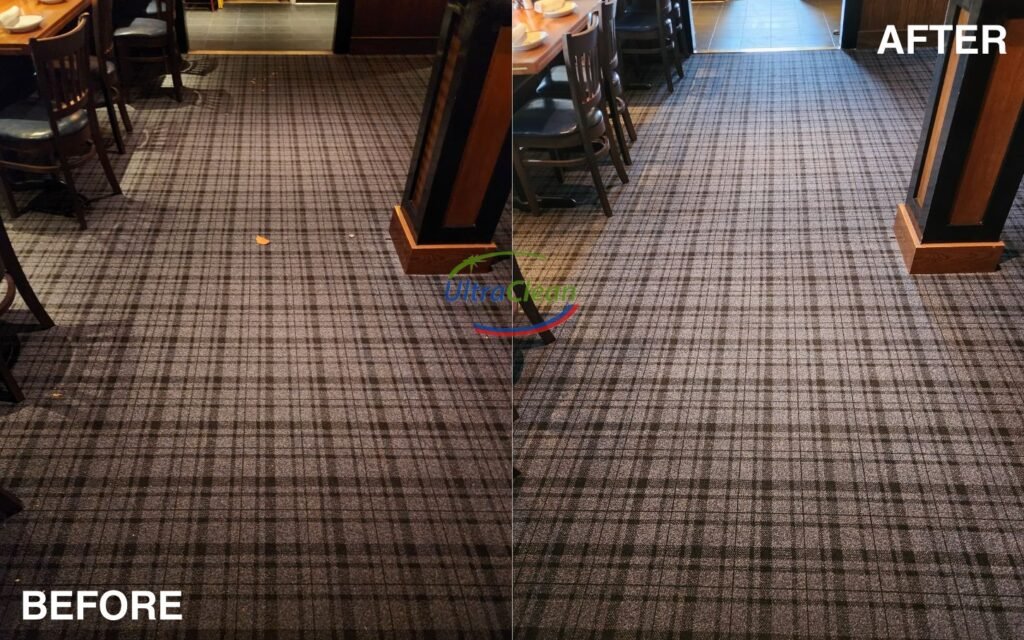 Before and after carpet cleaning in a Dallas home — hot water extraction by Ultra Clean restores dirty carpet