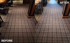 Before and after carpet cleaning in a Dallas home — hot water extraction by Ultra Clean restores dirty carpet