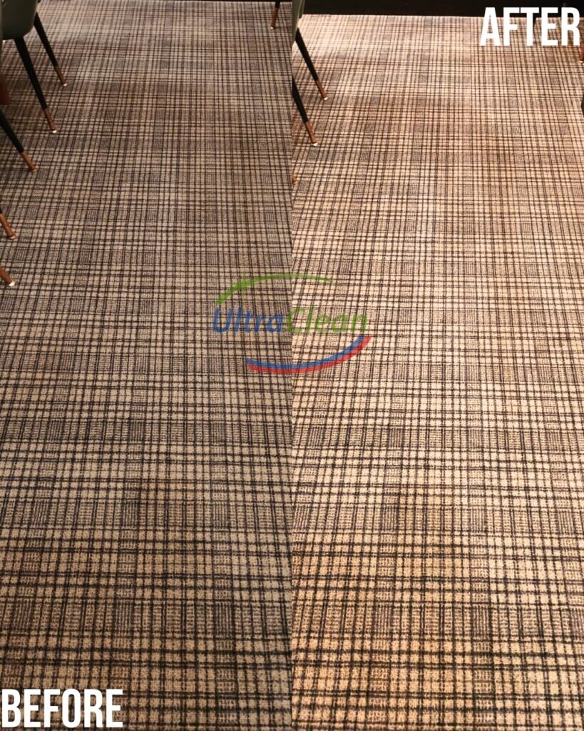 Before and after carpet cleaning in a Frisco home — hot water extraction removes pollen, dust, and allergens