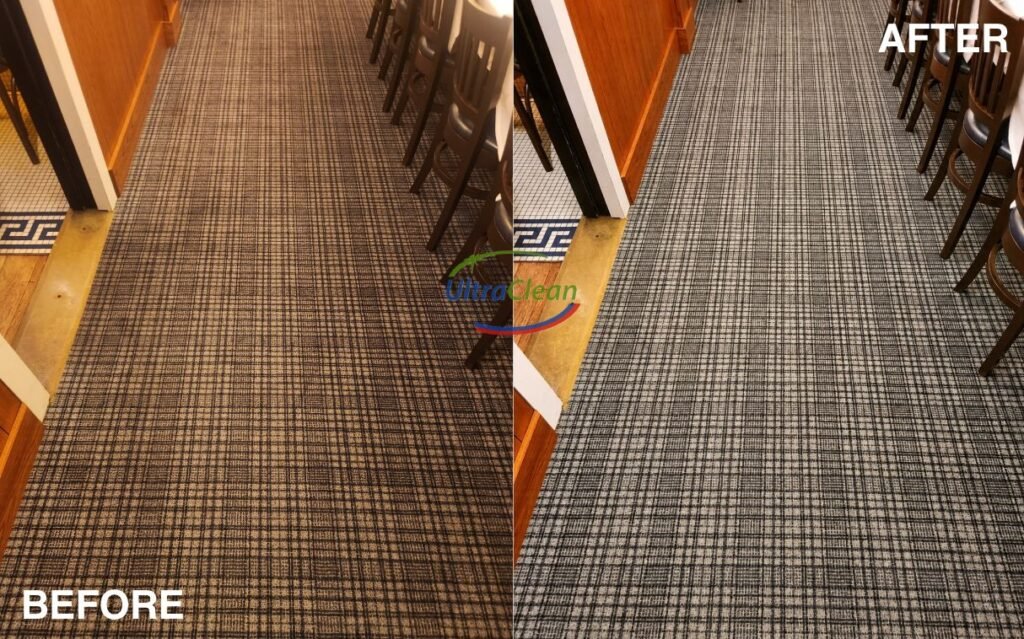 Before and after carpet cleaning in a McKinney home — hot water extraction removes dust, allergens, and hard water residue