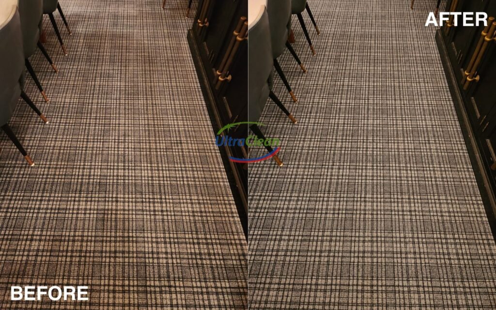 Before and after carpet cleaning in a Plano home — Ultra Clean hot water extraction removes pet dander and dust mites